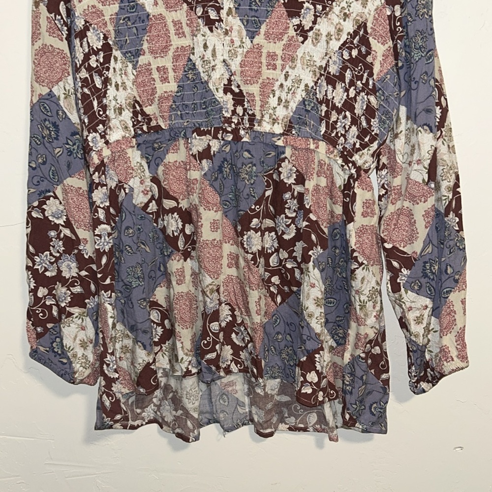 Maurices XXL Peplum Rayon Empire Waist Boho Patchwork V Neck Blouse Boho Style - Picture 8 of 16